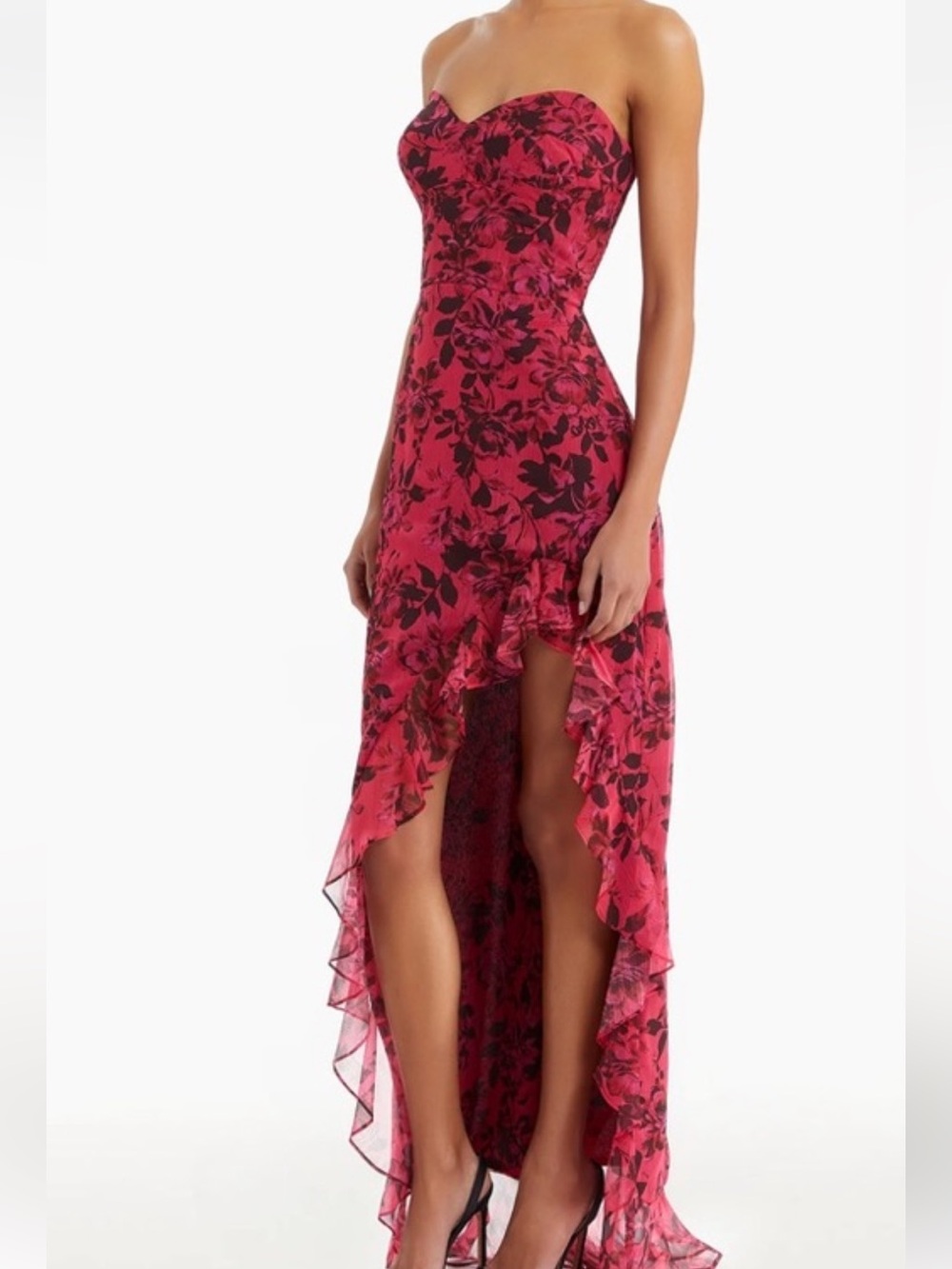 strapless corset dark floral ruffled high low dress